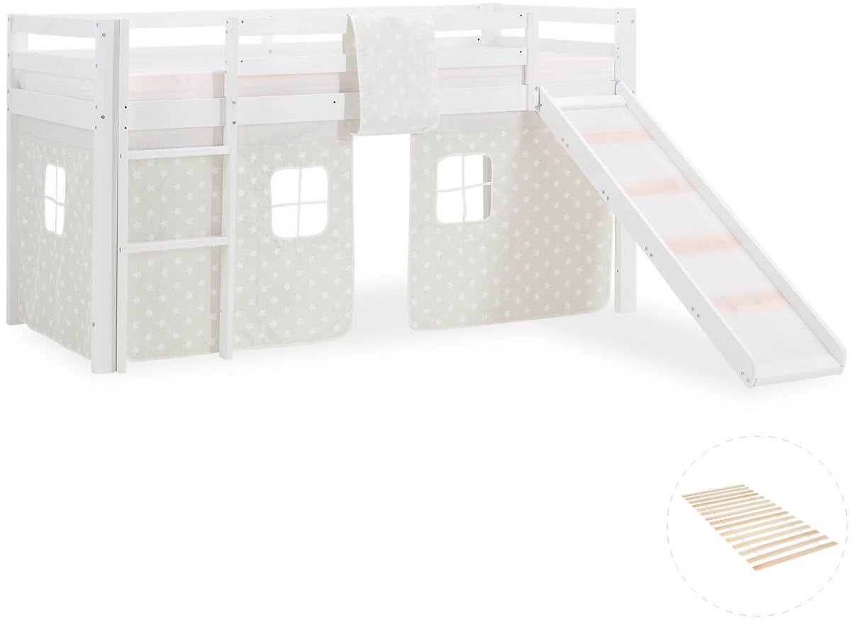 Homestyle4u Hoogslaper - 90x200 cm - met lattenbodem - glijbaan - met grijs gordijn en sterrenmotief - wit