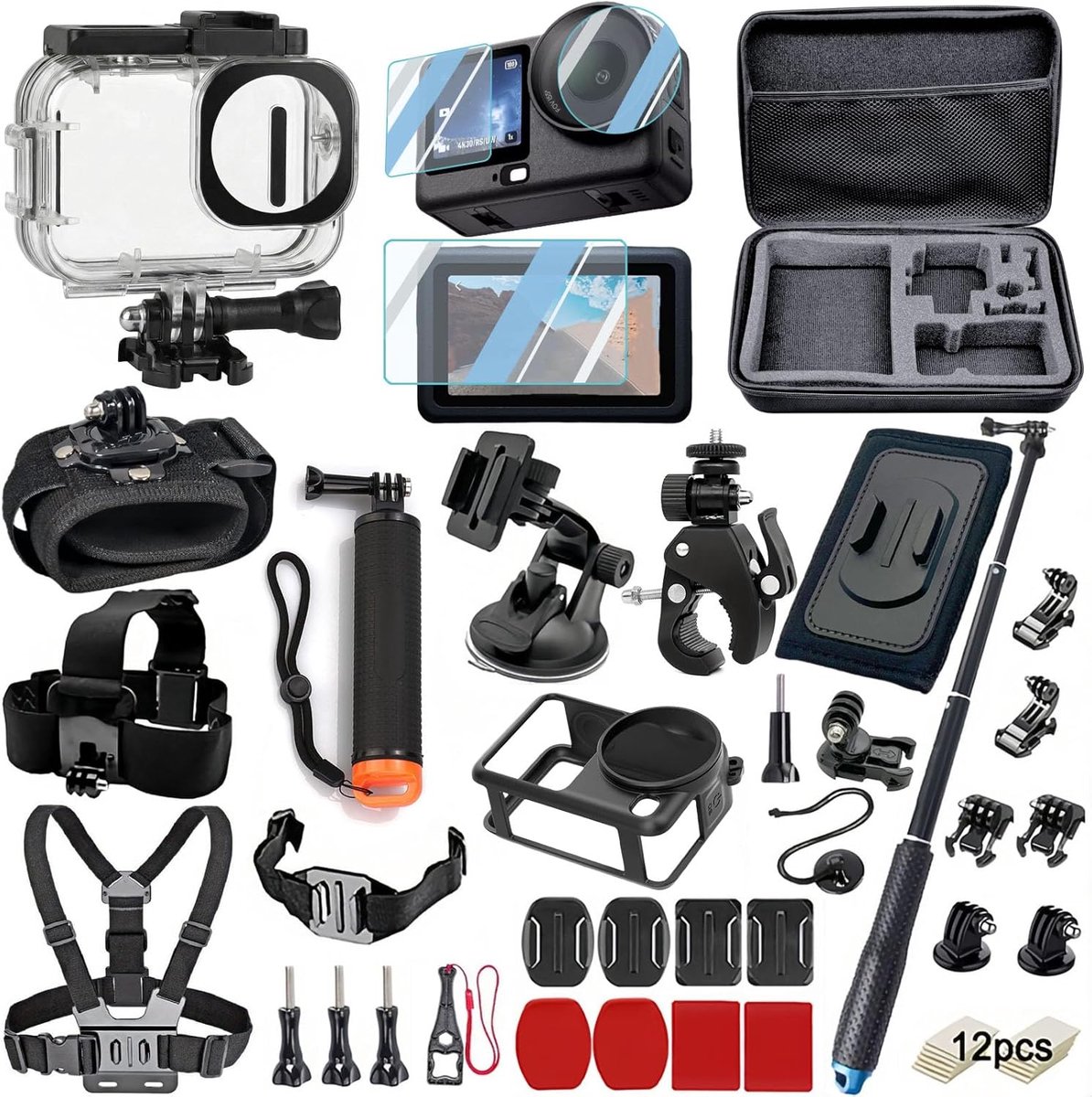 SnelShoppen - Accessoireset voor Actiecamera's - Waterdichte Behuizing, Gehard Glas Displaybeschermfolie, Drijvende Bobber-handgreep, Grote Draagtas,