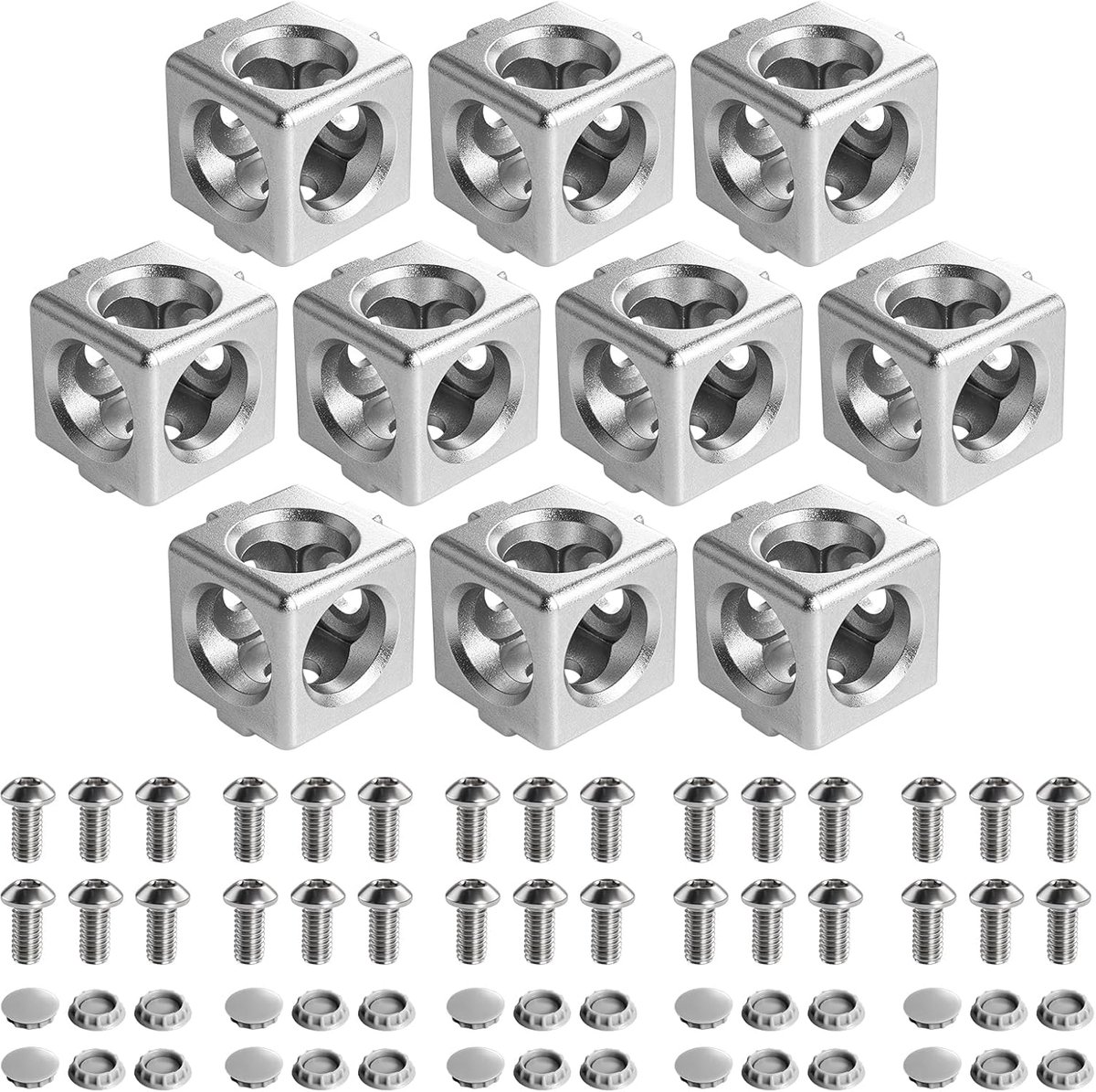 10 stuks 20 x 20 aluminium profiel hoekhoek 3-weg kubusverbinderset met schroeven en moeren, zilver, voor 2020 aluminium extrusieprofiel, 3D-hoekhouder
