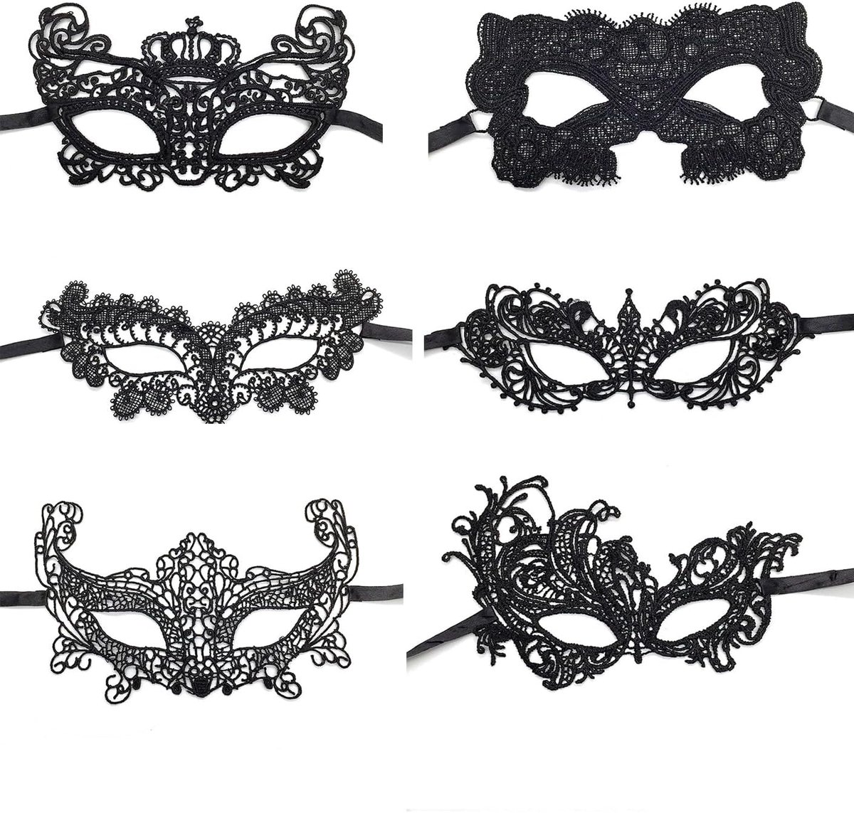 SnelShoppen - 6 stuks Venetiaans kanten maskers voor dames - Zwart kostuum masker voor Halloween, carnaval, dansbal, sexy oogmasker, luxe party cospla