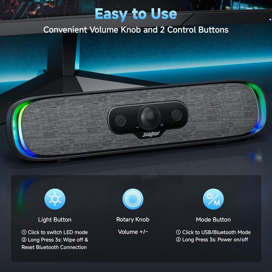 SnelShoppen - USB C Bluetooth RGB Soundbar Luidspreker voor PC, Laptop, Monitor - Compacte Computerluidspreker met 3 LED Lichteffecten voor Gaming en van Snelshoppen — afbeelding 3