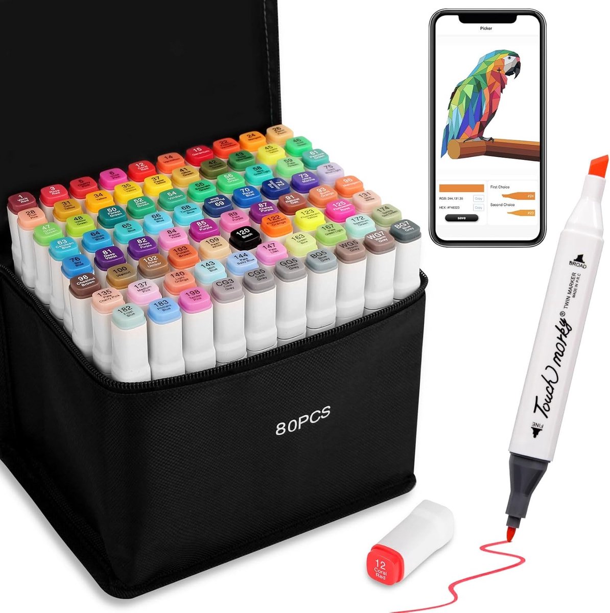 SnelShoppen - 80 Kleuren Alcohol Markers met App, Dubbele Punt Beitel & Fijne Punt, Professionele Markers voor Schilderen, Tekenen en Illustraties