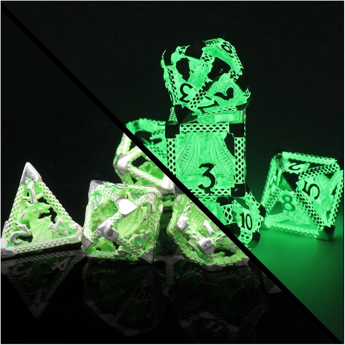 SnelShoppen - DND Dobbelstenen Set - Polyhedrische Dobbelen met Gevangen Draak - 3D Glow in the Dark Groene RPG Dobbels voor Dungeons and Dragons Spel