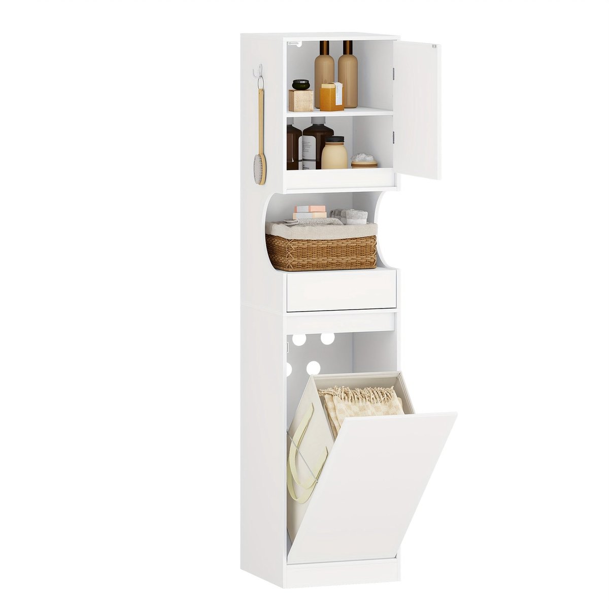 Home & Beyond® Hoge Badkamerkast met Wasmand, Lade en Deuren - Uitneembare Waszak - Wit - 40 x 40 x 170 cm