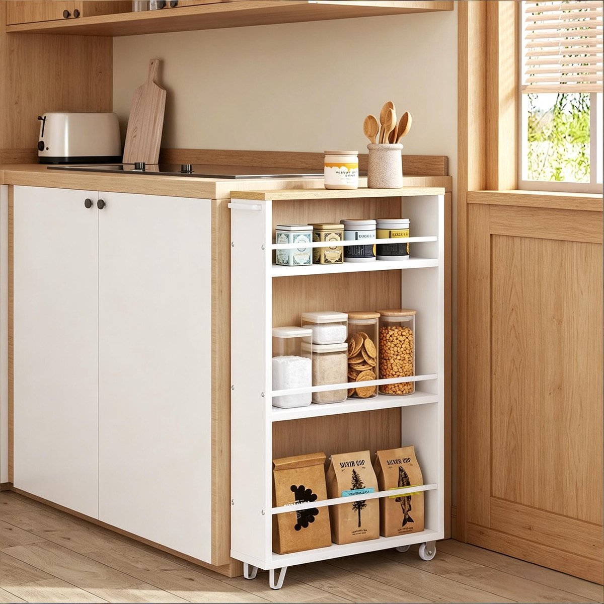 Kast Smal - 47 x 80 x 13 cm - Metaal en Hout - Wit en Lichte Eik - Met Wielen - 3 Open Planken Voor Keuken en Woonkamer