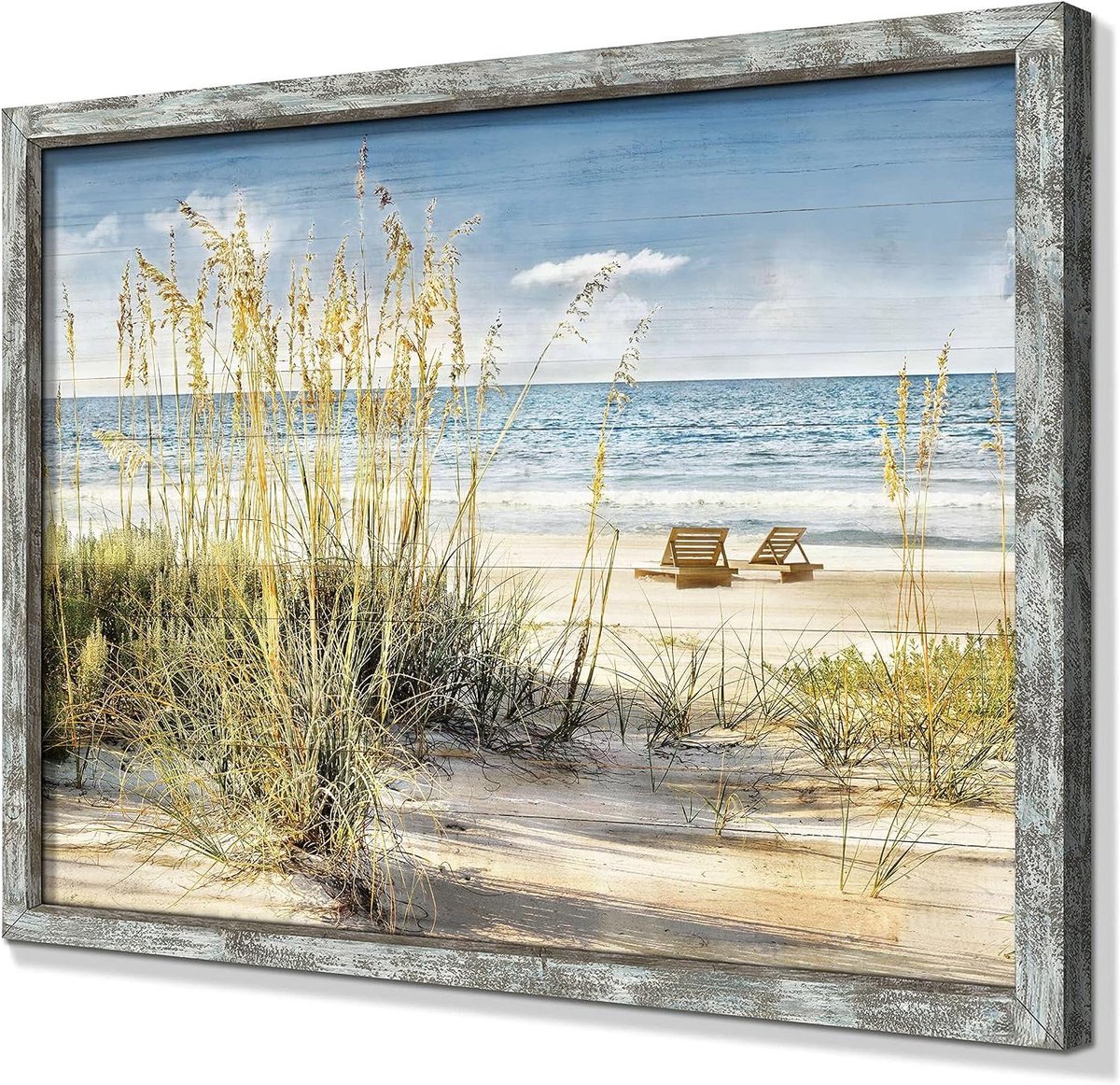 Houten Kunstwerk Ingelijst - Kust Muurkunst - Woonkamer Decoratie - Rustiek Houtontwerp - 40 x 30 cm - Blauwe Zee