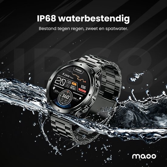 Grijze smartwatch met metalen band, in contact met opspattend water. Het scherm toont 'IP68 waterbestendig'.