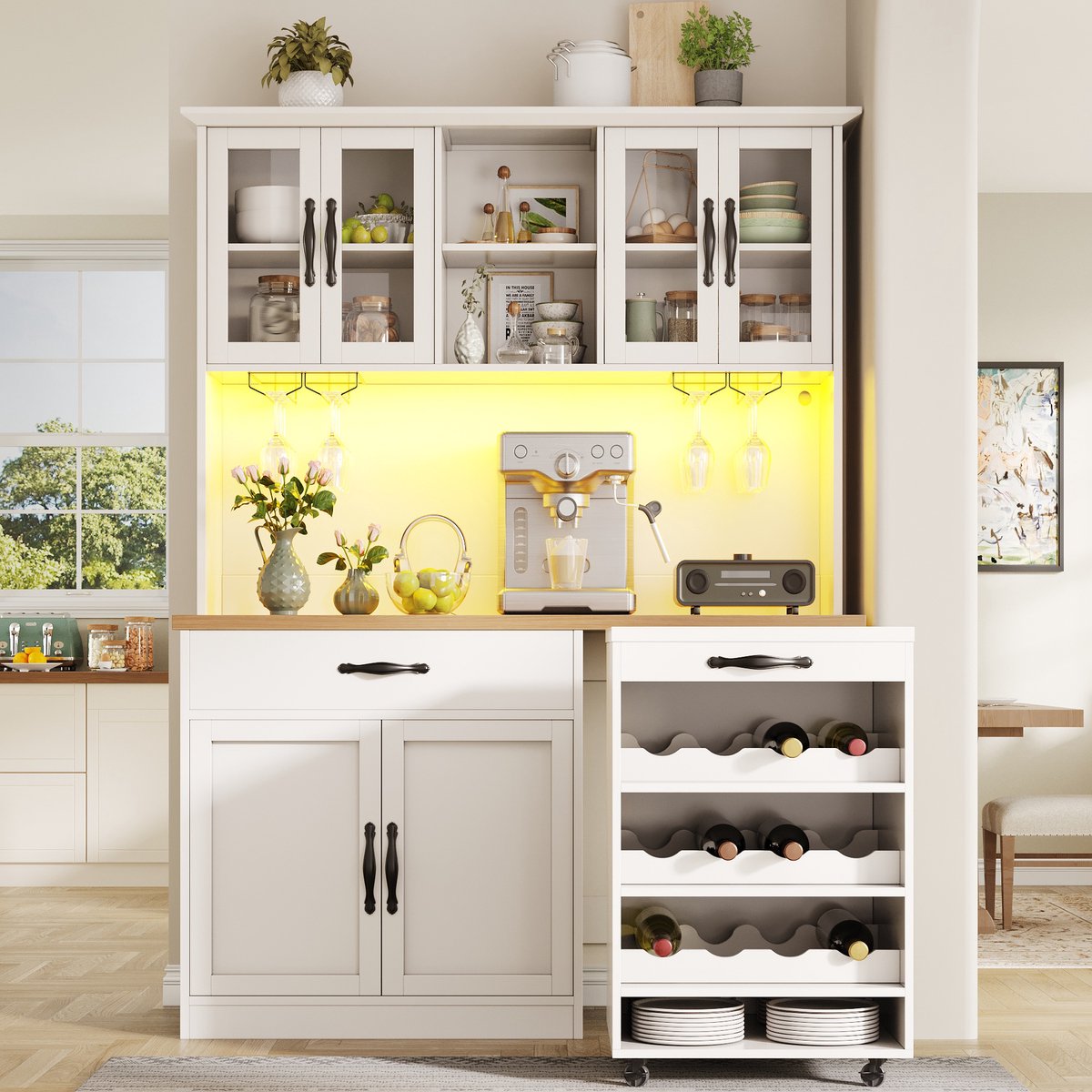 Wishdor - Keukenkast - 140 cm opbergkast met uitneembare rollwagen, LED-verlichting, wijnrek en wijnglazenrek - modern - keuken of eetkamer - houtlook - wit
