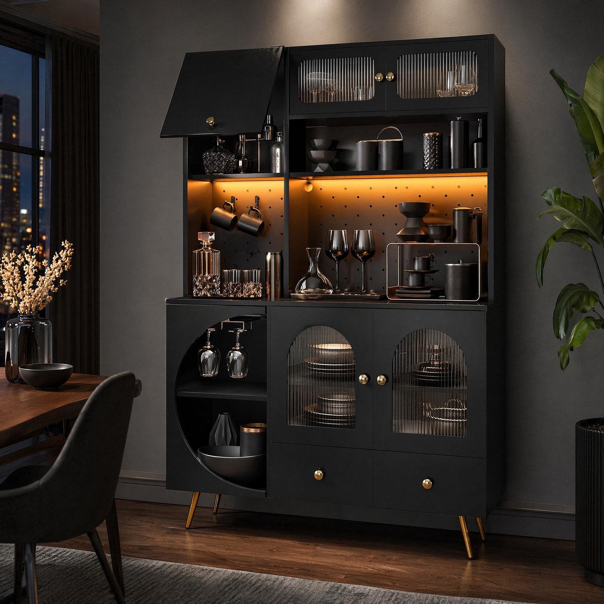Wishdor - Keukenkast - Hoge opbergkast met LED, stopcontacten en USB - lade, open vakken en pegboard - modern - keuken of woonkamer - houtlook glas - zwart - 120 x 40 x 176 cm