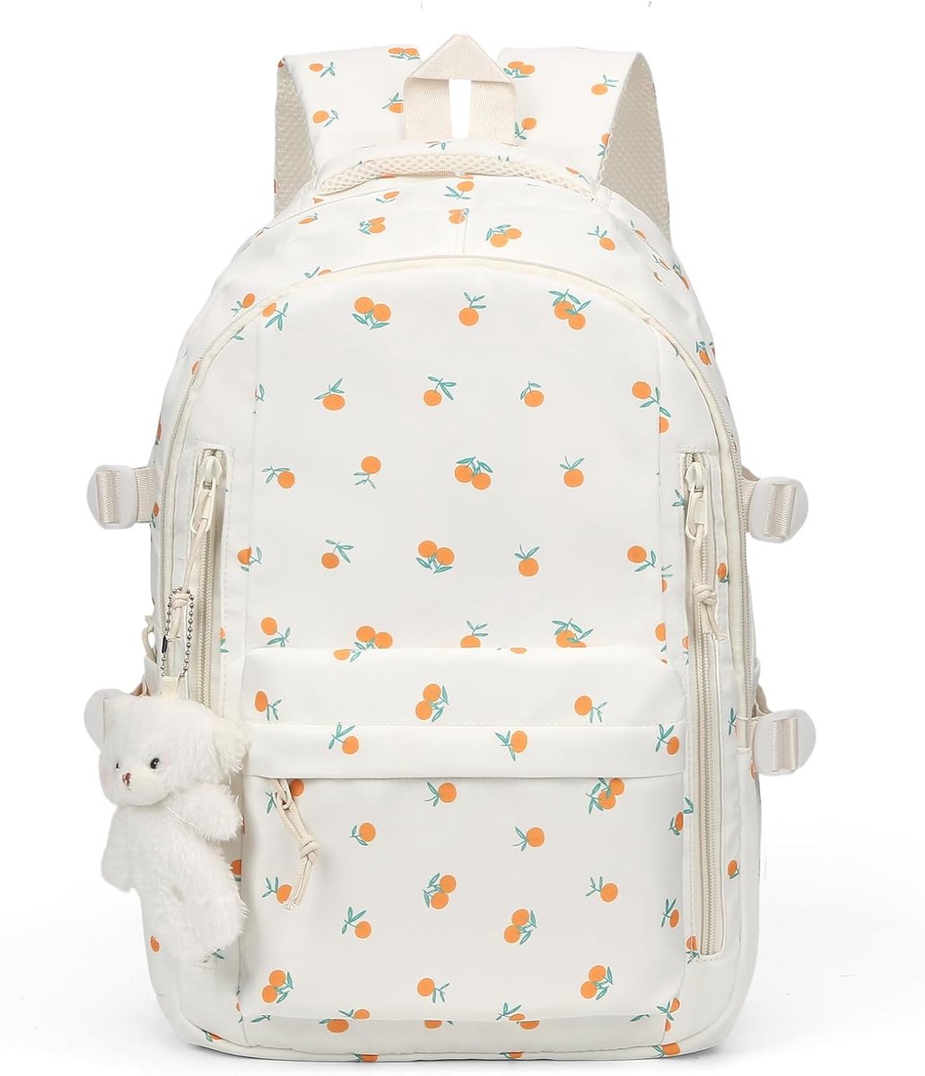 VHV - Rugzak - Rugzak dames - Oranje rugzak - Nylon schooltas met kersenprint - Lichtgewicht dagrugzak - Voor school, werk, reizen en dagelijks gebruik - 43*30*18cm - Gebroken wit