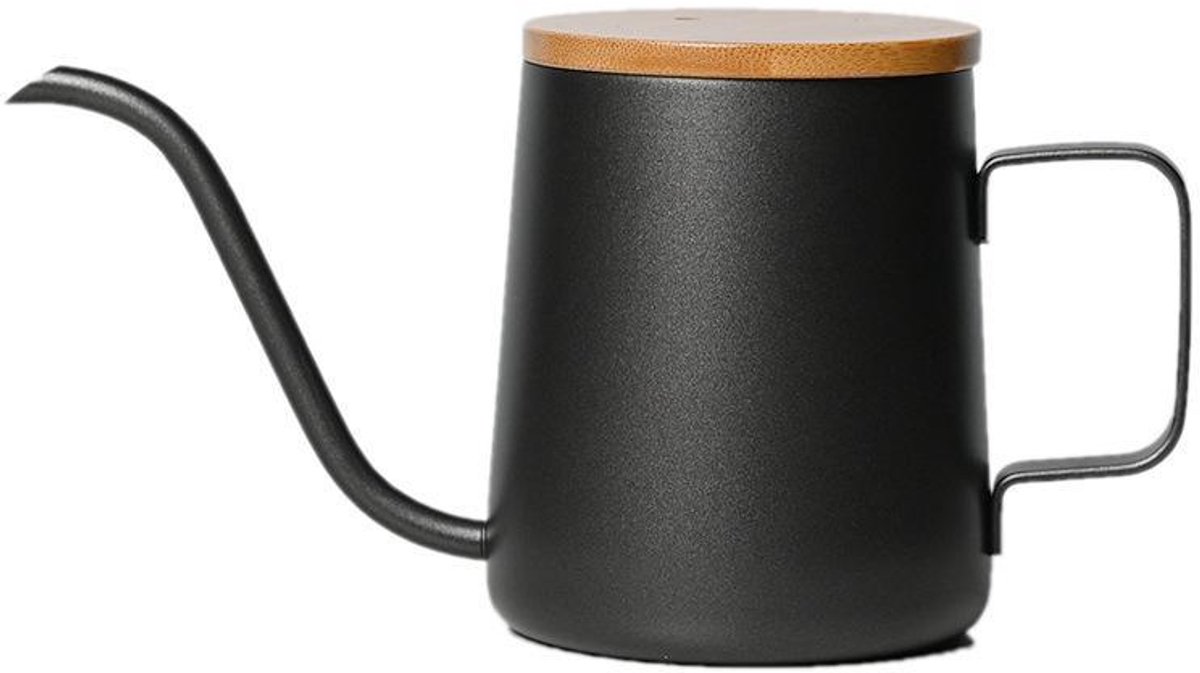 VHV - Koffieketel - RVS zwanenhals koffieketel - Pour-over ketel - Met brede handgreep en bamboe deksel - Voor filterkoffie en slow coffee - Zwart