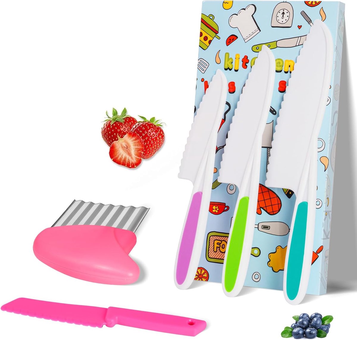 SnelShoppen - 5-delige Kinder Keukenmessen Set - Herbruikbare Kindermessen voor Groenten, Fruit, Salade en Cake - Roze Plastic Kindermessen voor Verja