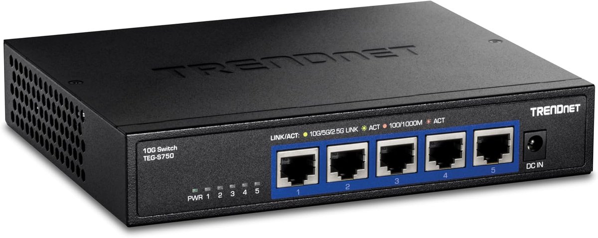 Thijox - 5-poorts 10G-schakelaar, 5x 10G RJ-45-poorten, 100 Gbps schakelcapaciteit, ondersteunt 2.5G en 5G BASE-T-verbindingen, zwart, compact ontwerp