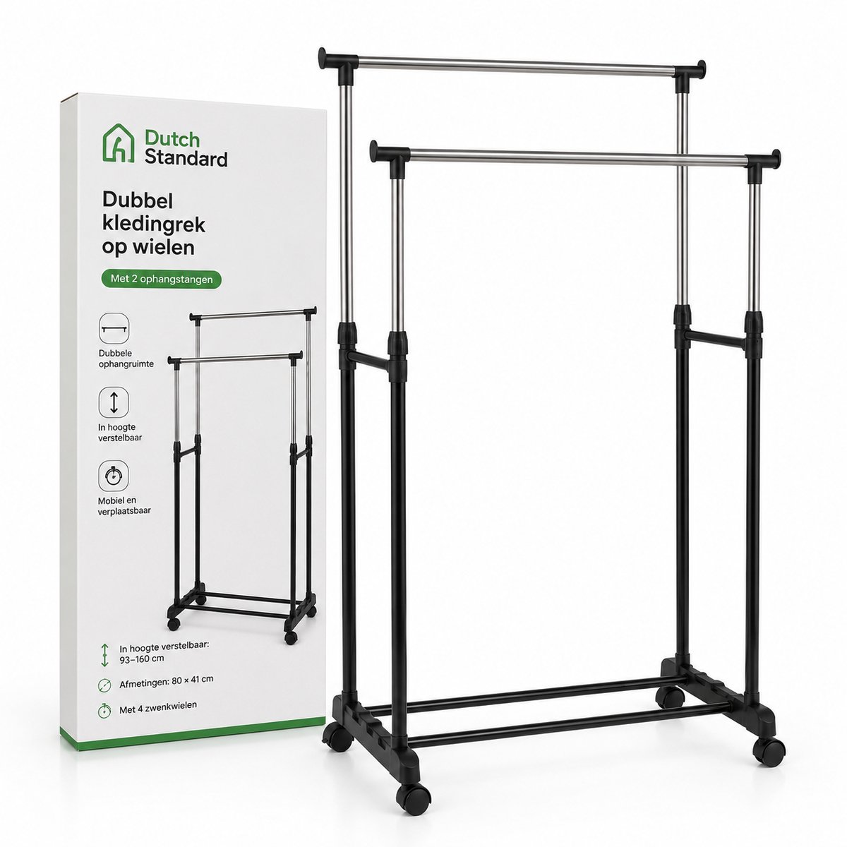 Dubbel Kledingrek op Wielen – 2 Ophangstangen – In Hoogte Verstelbaar 93–160 cm – 80 × 41 cm – Zwart/Zilver