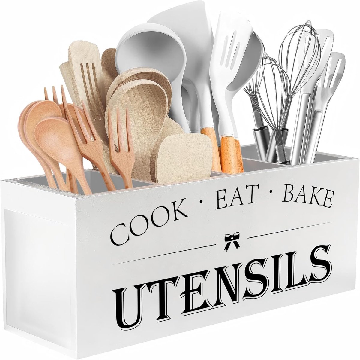 SnelShoppen - Extra Grote Keukengereihouder met 4 Vakken, Houten Organizer voor Aanrecht, Rustieke Keukendecoratie, Wit, Perfect voor Keuken en Koken