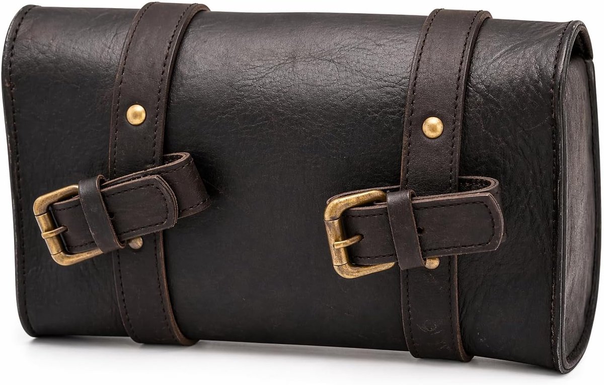 SnelShoppen - Vintage motortas geitenleer, 2-riemen, gespsluiting, bruine gereedschapstas, snelsluiting, verstevigd, leren fietstas voor stuur en vork