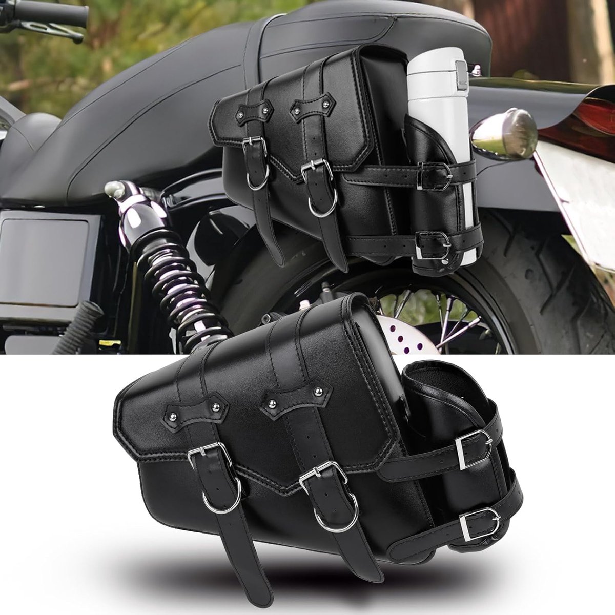 SnelShoppen - Universele Leren Zadeltassen voor Motorfiets - Waterdichte Motortas met Drinkflessen - Geschikt voor Harley, Honda, Kawasaki, Suzuki, Ya