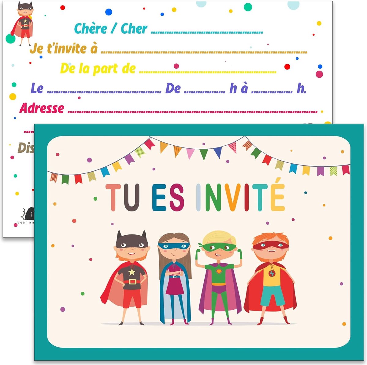 SnelShoppen - 20 Verjaardagsuitnodigingen Superhelden met Blauwe Enveloppen - Kinderthema - Franse Tekst - A6 Formaat - Feestelijke Kaarten voor Kinde