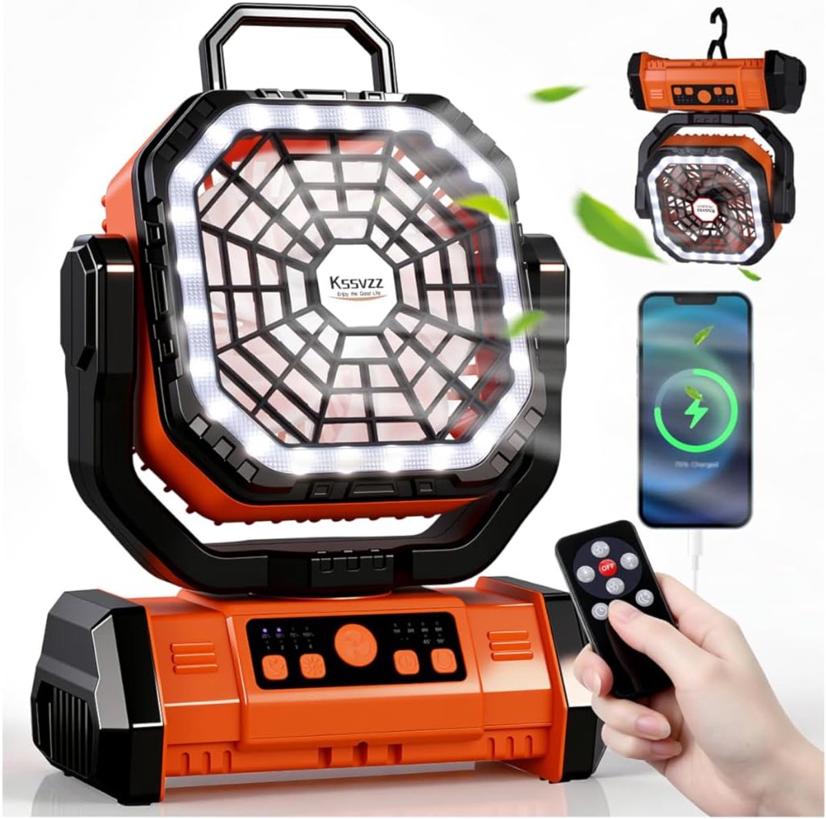 SnelShoppen - 30000mAh Oplaadbare Camping Ventilator met LED Lantern, Afstandsbediening, 4 Snelheden, 4 Timers en 270° Rotatie voor Tent, Vissen, Picn
