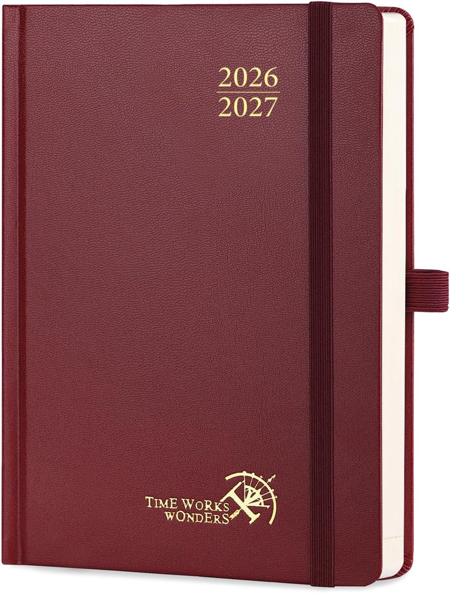 SnelShoppen - Weekplanner Agenda 2026 2027 met Notitieboek, 21,5 x 16cm, Zachte Kaft, Spiral Binding, 80 GSM Papier, Bourgondisch Rood, Perfect voor S