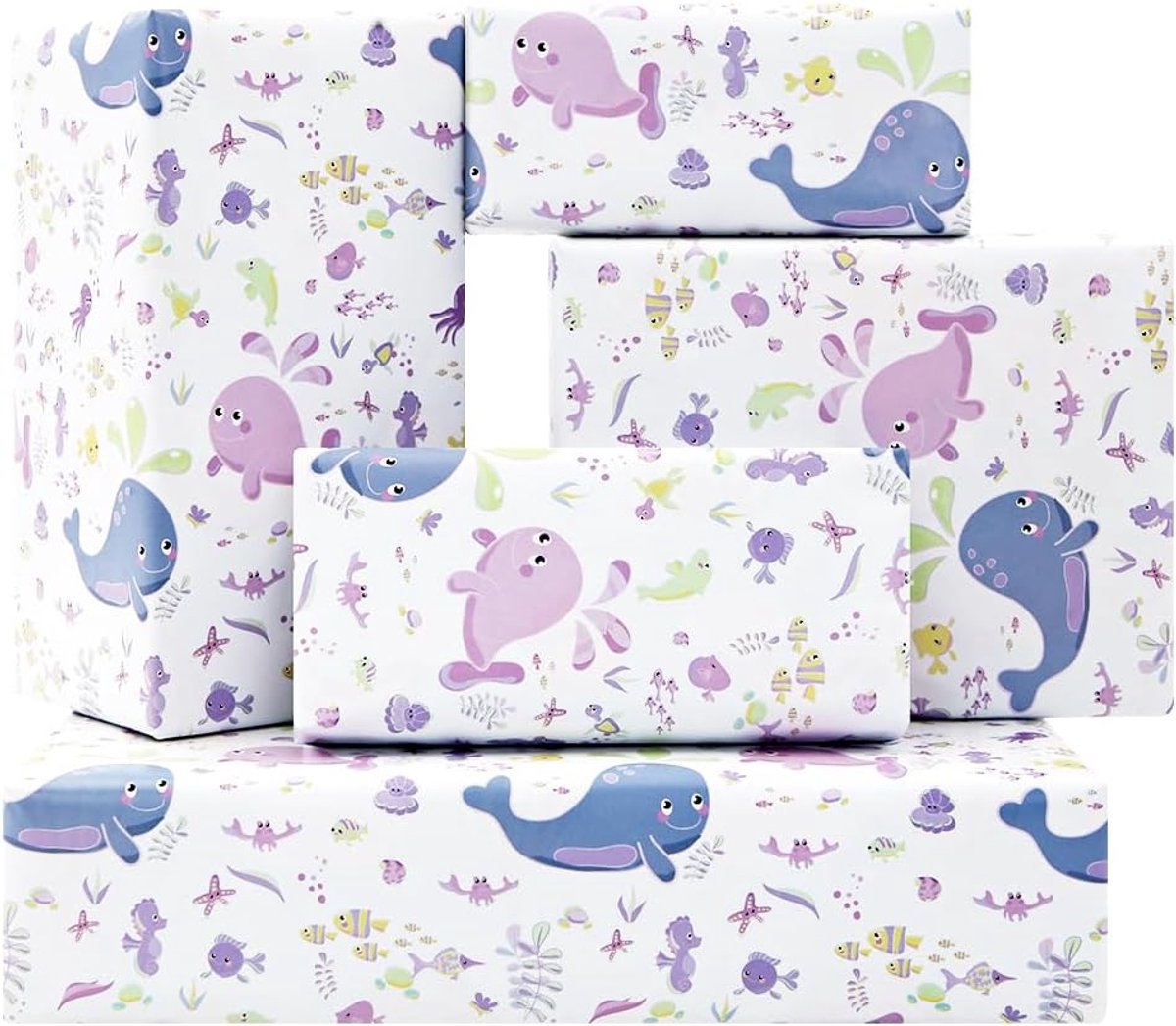 SnelShoppen - Oceaan Verjaardag Inpakpapier voor Kinderen - Onderzeese Thema - Walvis, Zeepaardje, Octopus - 4 Vellen 50 x 70 cm - Cadeauverpakking Fe