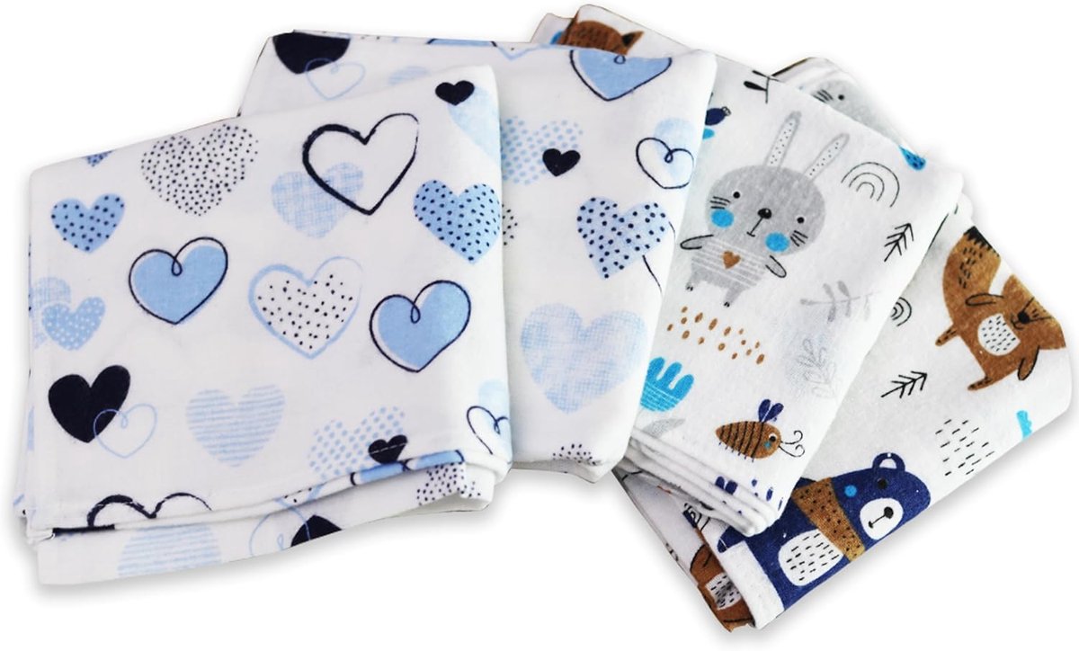 SnelShoppen - Moltondoeken 80x80 cm - 4 Stuks Flanellen Luiers 100% Katoen - Unisex Spuugdoeken voor Baby's - Ideaal voor Jongens & Meisjes - Blauw Ha