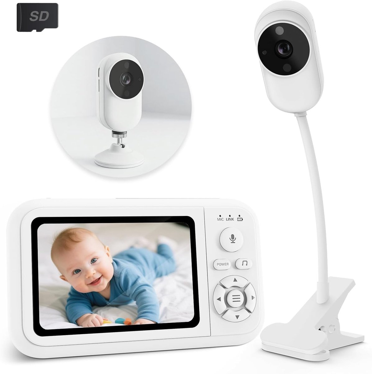 SnelShoppen - NUOTUN Babyfoon Camera Zonder Wifi met Bedhouder, 1080p Babybewakingscamera met 3,5 Inch IPS-Scherm, Bidirectionele Audio, Huildetectie,