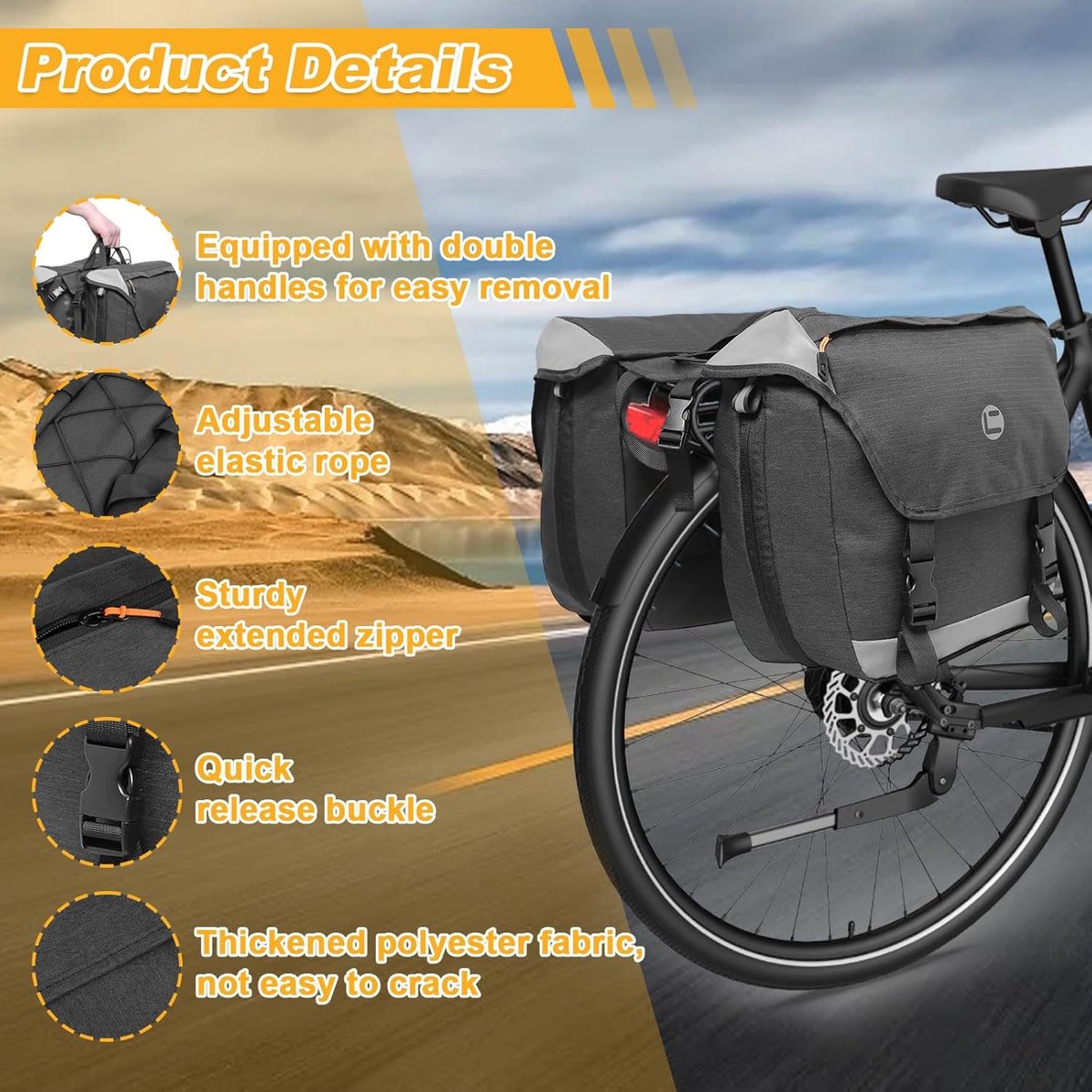 SnelShoppen - Dubbele Fietstassen Achter met Reflecterende Strepen, Waterdicht en Handgreep, Ideaal voor Fietsen en Reizen, Polyester, Zwart, Grote Ca