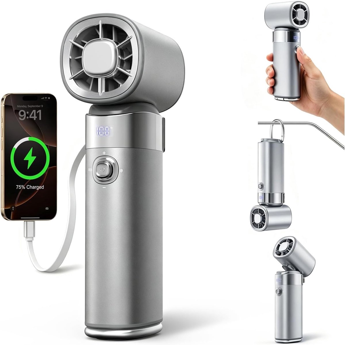 SnelShoppen - Draagbare Oplaadbare Handventilator met IJskoelingsfunctie, 10000mAh Turbo Ventilator, 0-100 Instelbare Standen voor Reizen, Camping, Tu