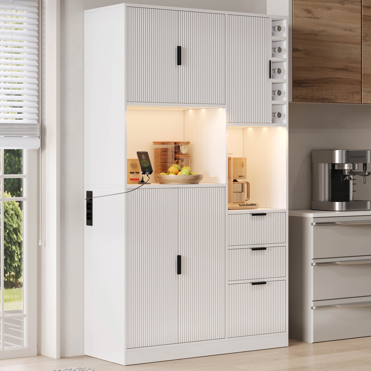 MEUNIQ keukenkast 105 x 40 x 180 cm met 3 lades, verstelbare planken, wijnrek, LED-verlichting en stopcontacten, hoge buffetkast voor keuken of eetkamer, wit