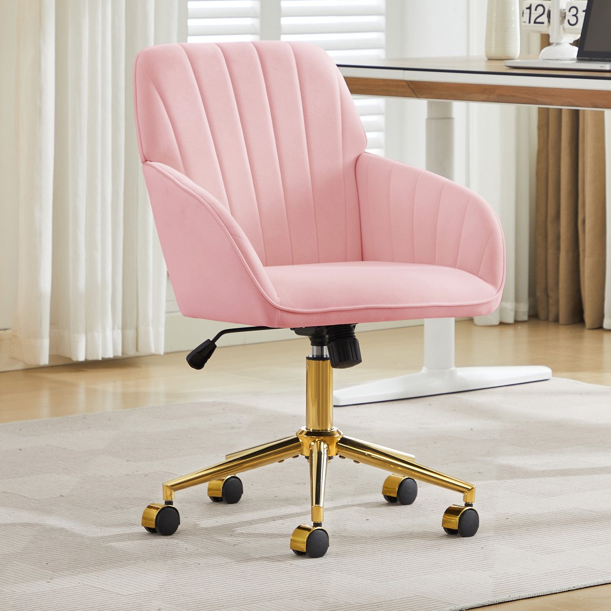 MODENUIT Bureaustoel 62 x 60 cm - Verstelbare Zithoogte - Bureau en Slaapkamer - Fluweel - Roze