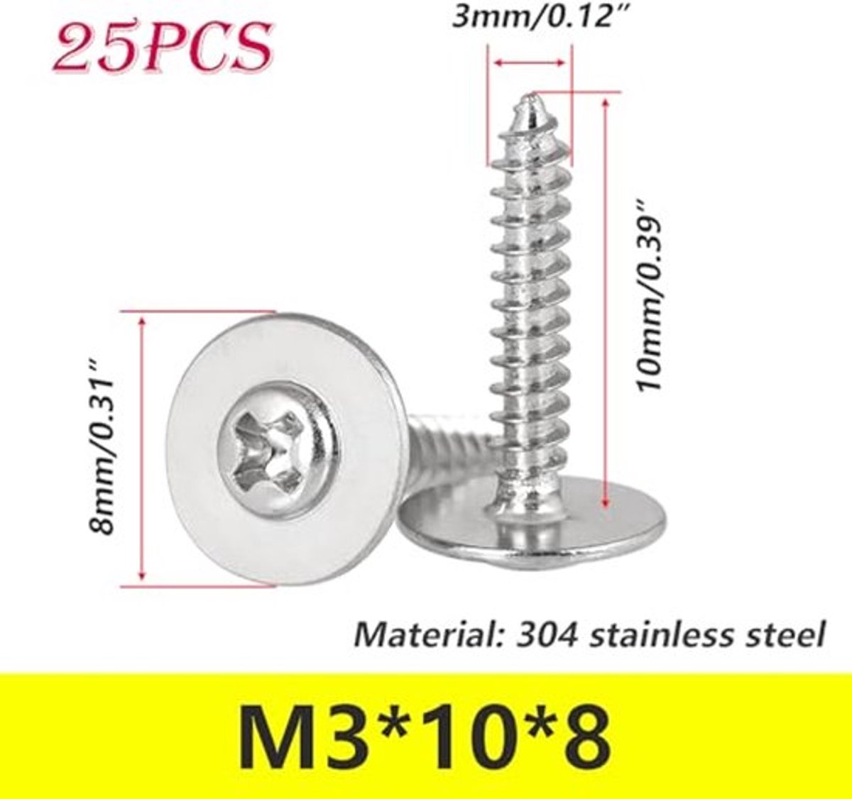 25 stuks Houtschroeven, M3 x 10 x 8mm Zelftappende Schroeven, RVS Phillips Hoofd Schroeven voor Plastic, Hout