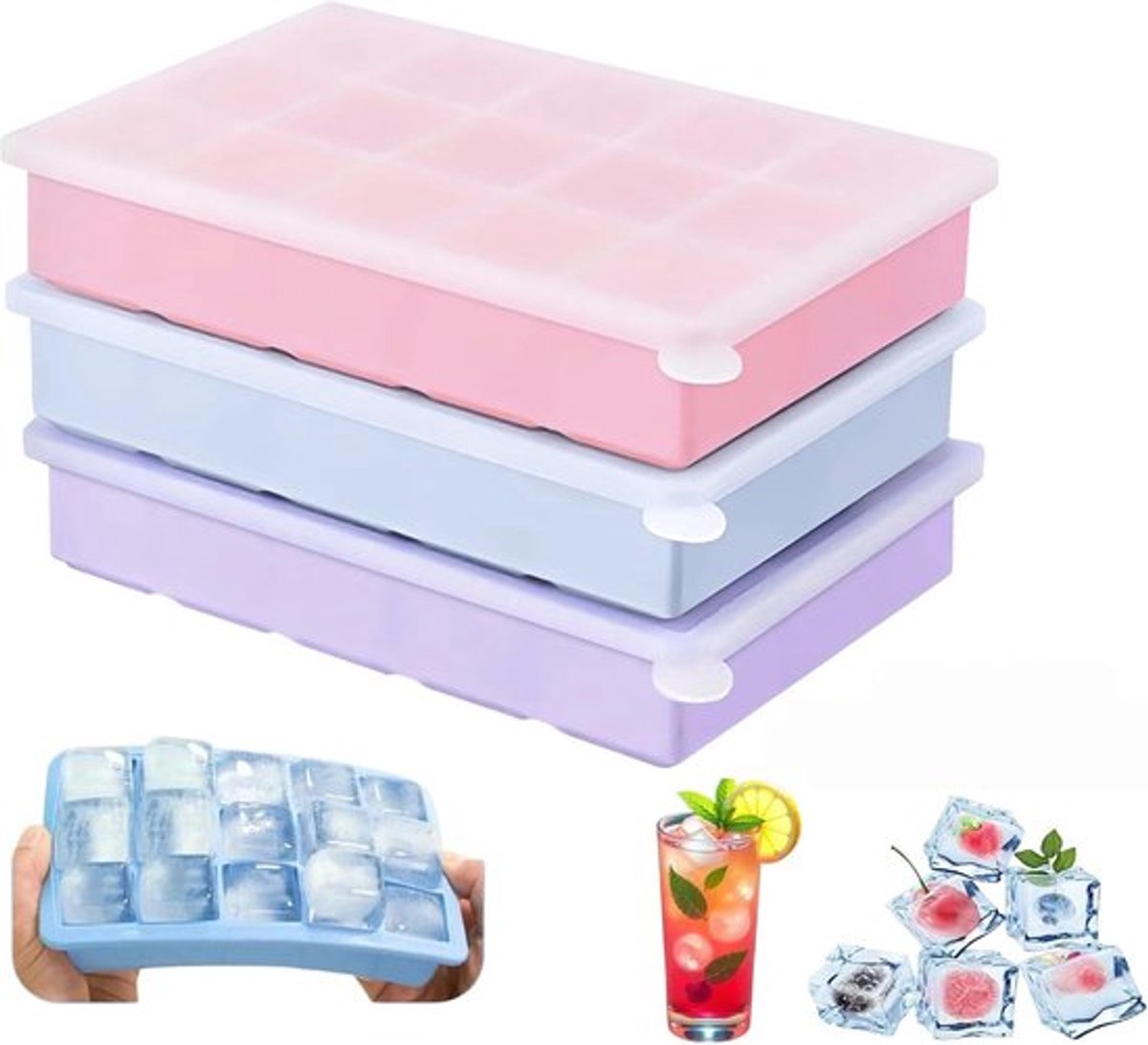 Driedelige siliconen ijsblokjesvormset, 45 vakjes, maakt ijsblokjes van 3,5 cm, BPA-vrij, met deksel, geschikt voor cocktails, whisky en koffie (roze + blauw + paars).