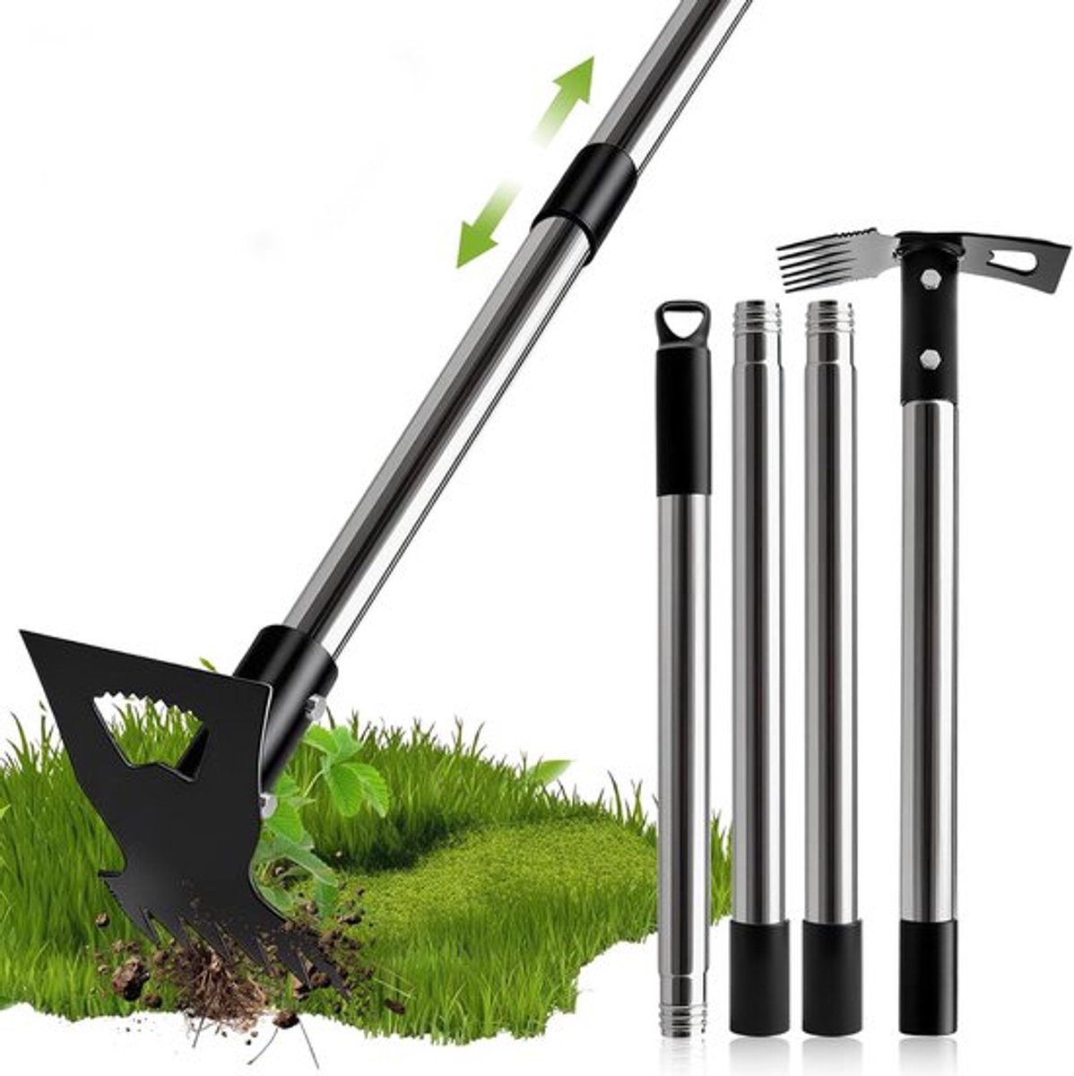 Tuingereedschap - Onkruidtrekker met lange steel - Handmatige onkruidverwijderaar - 2 in 1 Multifunctionele schoffel - Onkruidschep/tuinhark - 148 cm - Afneembaar - Voor tuinen, gazons, terrassen en moestuinen