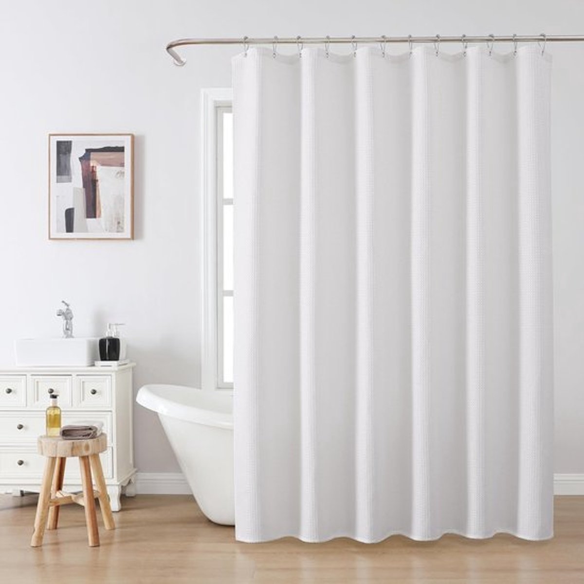 Douchegordijn - 180x180cmDouchegordijn - Douchegordijn voor de badkamer met haken-Met 12 kunststof ophanglussen - Waffle texture - Polyester fabric - waterdicht - Geschikt voor natte ruimtes- badkuipen en douches（wit）