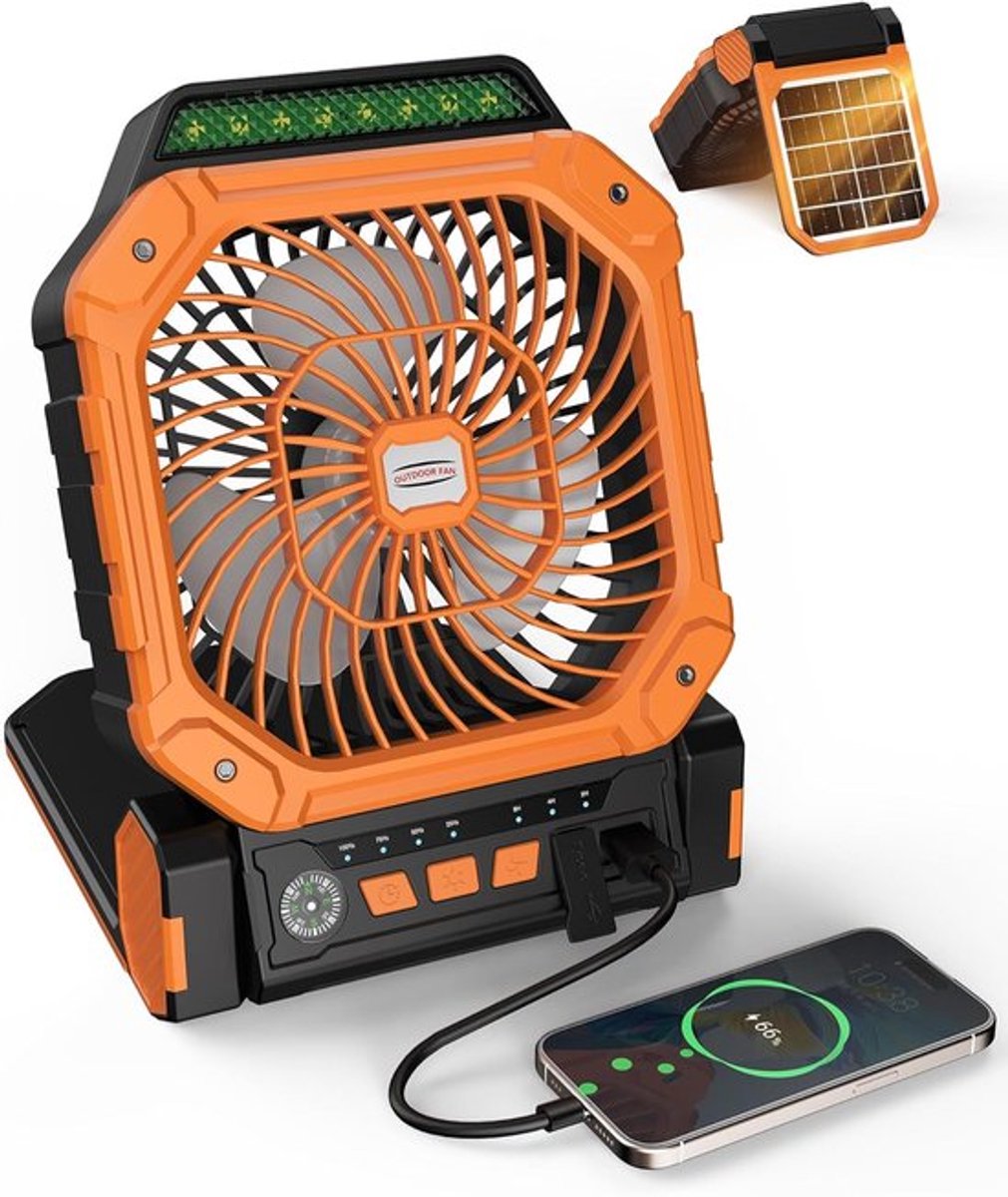 Solar Ventilator Met Oplaadbare Batterij - 4 Standen + LED Zaklamp - Met Afstandsbediening & Timer (2/4/8u) - USB-C/Zonne-energie - Compact Camping Design - Oranje