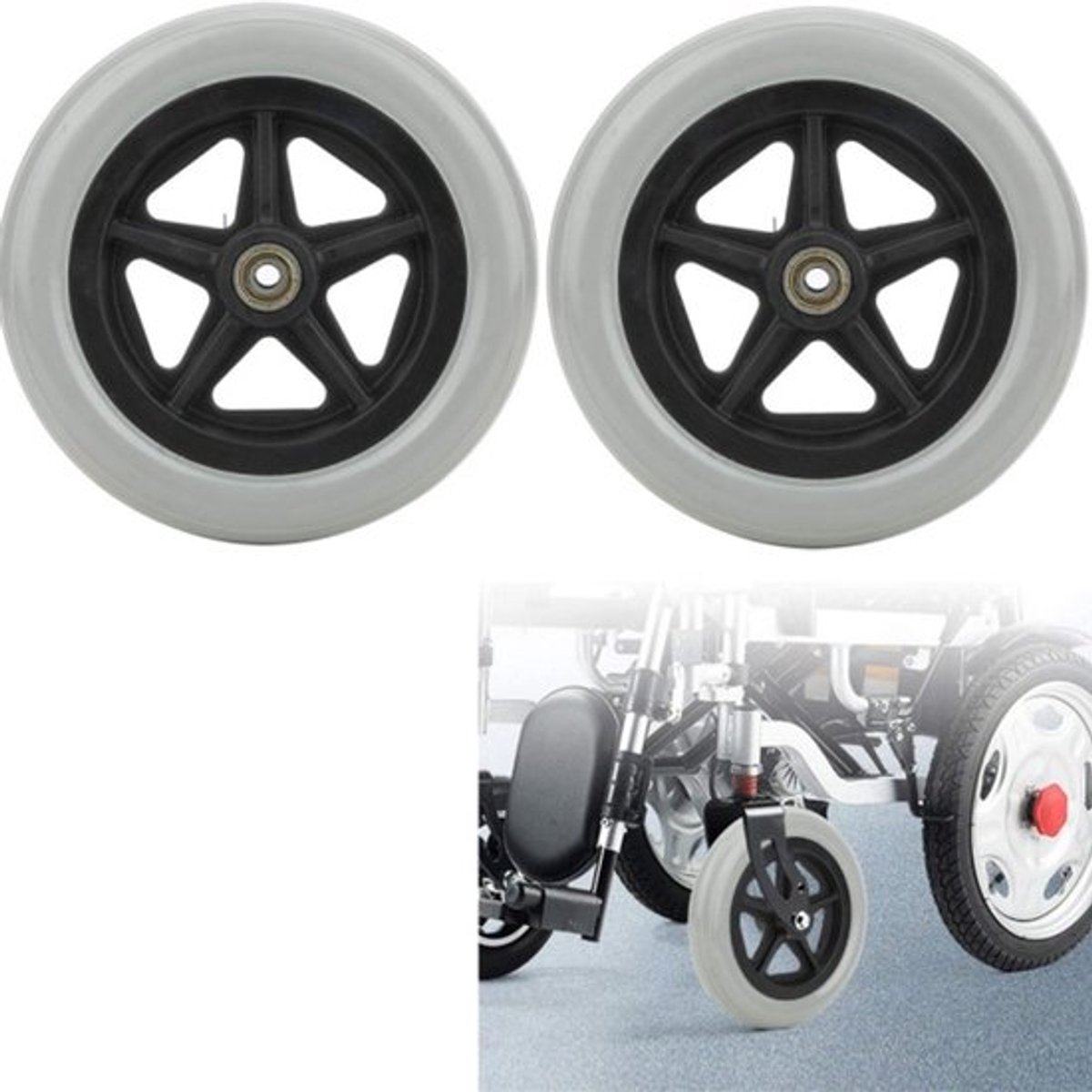 2 stuks - Universele rolstoelwielaccessoires - Vervangende rubberen rolstoelwielen - Vervangende voorwielen voor de rollator - Antislip en slijtvast - Stil en arbeidsbesparend - Grijs - 7 inch - Geschikt voor rolstoelwielen voor gehandicapten