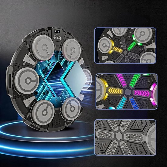 Zwarte boksmachine met 6 grijze targets en veelkleurige LED-verlichting, met gedetailleerde close-ups.