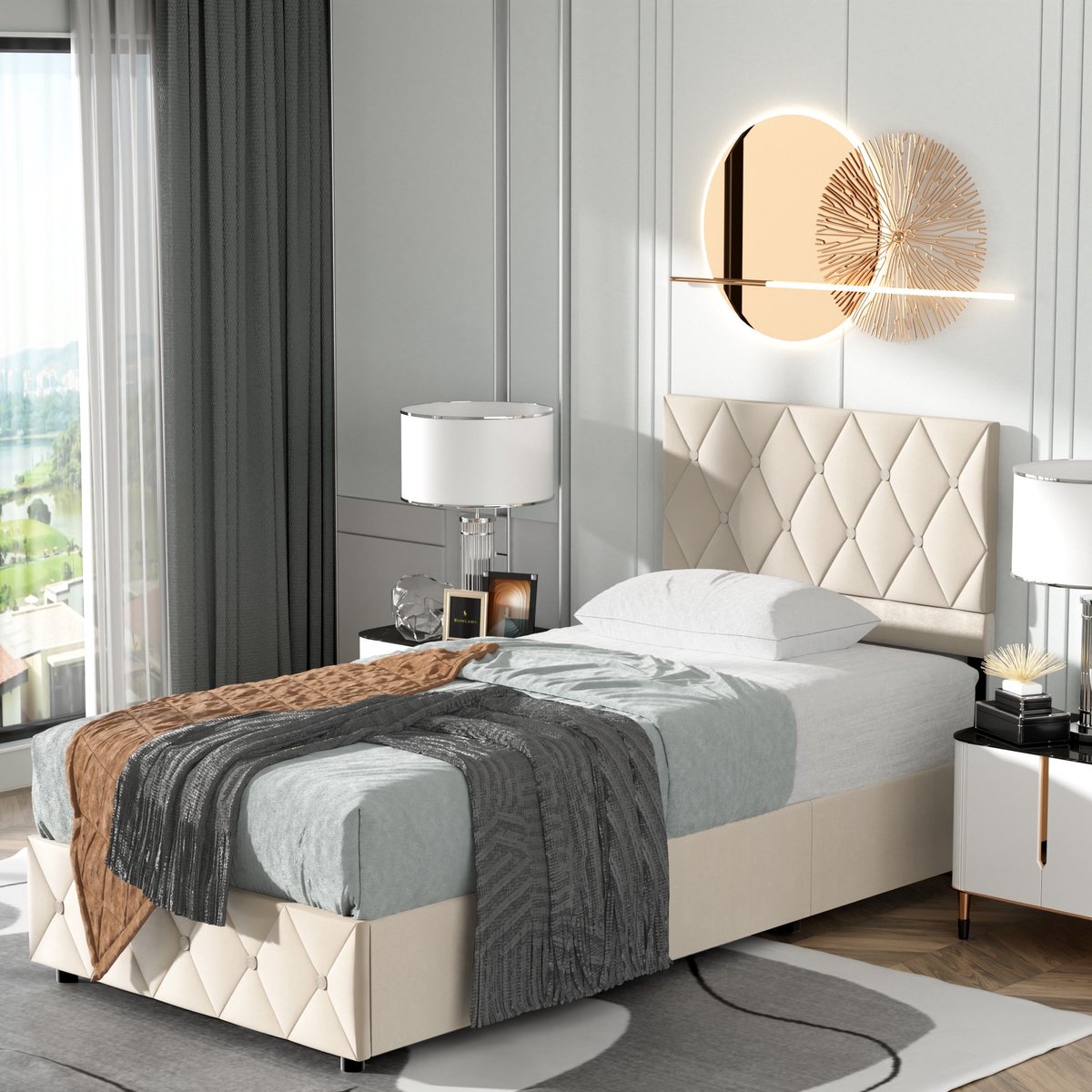 DESMIU Gestoffeerd Bed 90x190cm - Functioneel Bed Met Opbergruimte - Stevig Lattenbodem Systeem En Middenbalk - Voor Slaapkamer Jeugd - Zachte Velours - Beige - Zonder Matras