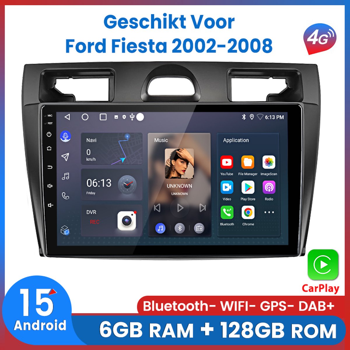 Awesafe 6GB+128GB Autoradio - Geschikt Voor Ford Fiesta 2002 t/m 2008 - Draadloze Carplay Android Auto - Touchscreen - GPS Navigatie 4G WiFi - Bluetooth Radio - 8 Kern V1PRO - 2002 2003 2004 2005 2006 2007 2008
