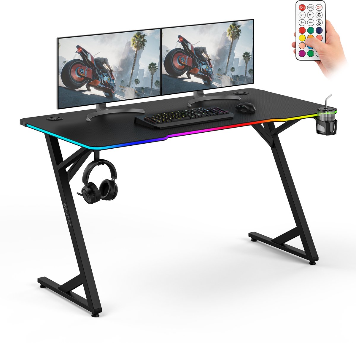 SENSE7 VOLT - Gaming Bureau - 140x70cm - RGB LED & Afstandsbediening - Computertafel - Zwart Carbon