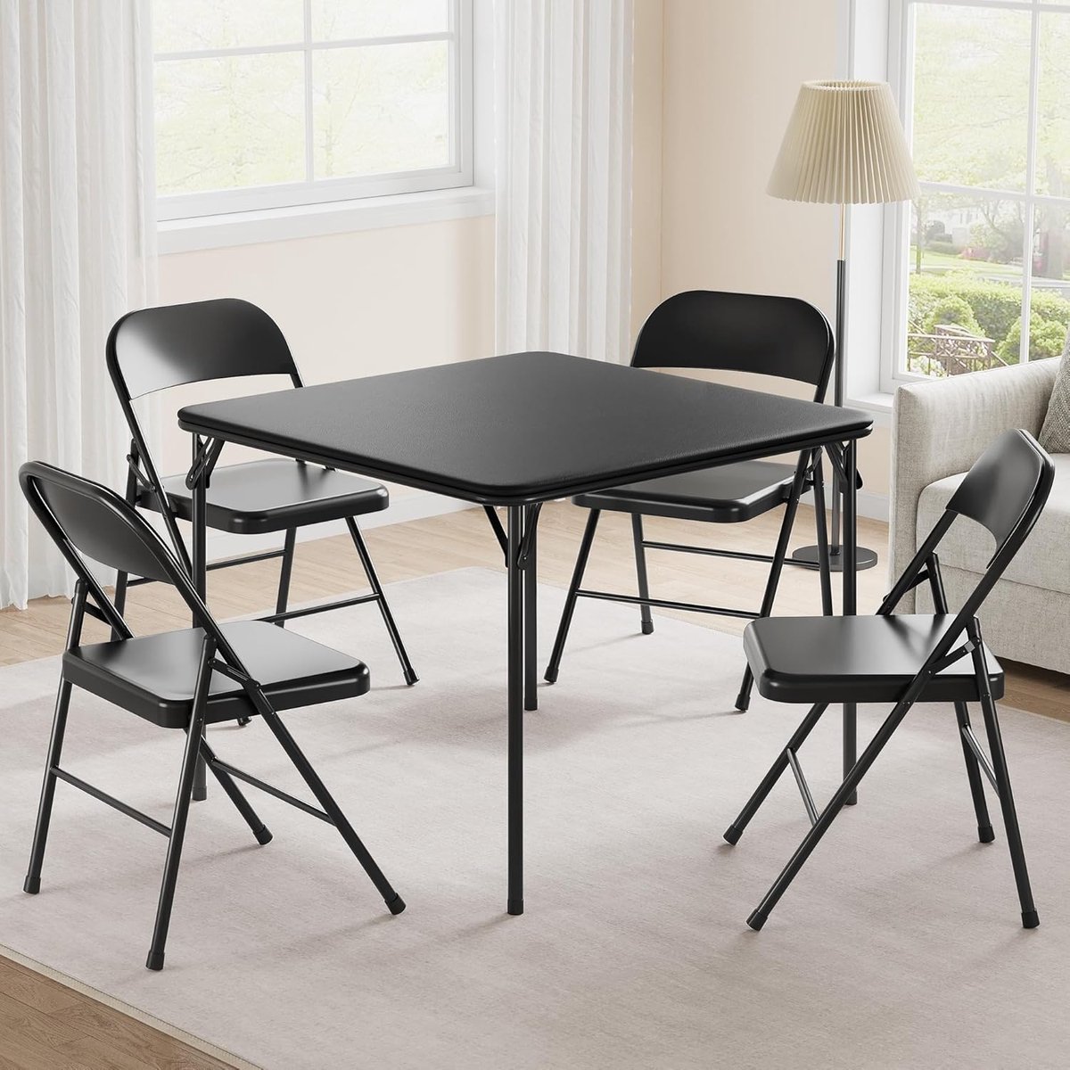 Draagbare opklapbare tafel- en stoelenset (5-delig): opklapbare tafel met PU-bekleding en stoelen volledig van metaal; geschikt voor eetkamers, woonkamers, kantoren en kamperen – Zwart