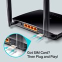 Zwarte TP-Link router met twee antennes, close-up van de poorten en SIM-kaartsleuf.