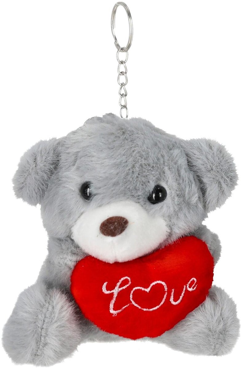 Cepewa Sleutelhanger beertje love - grijs - H10 cm - pluche - knuffelbeer - valentijnsdag