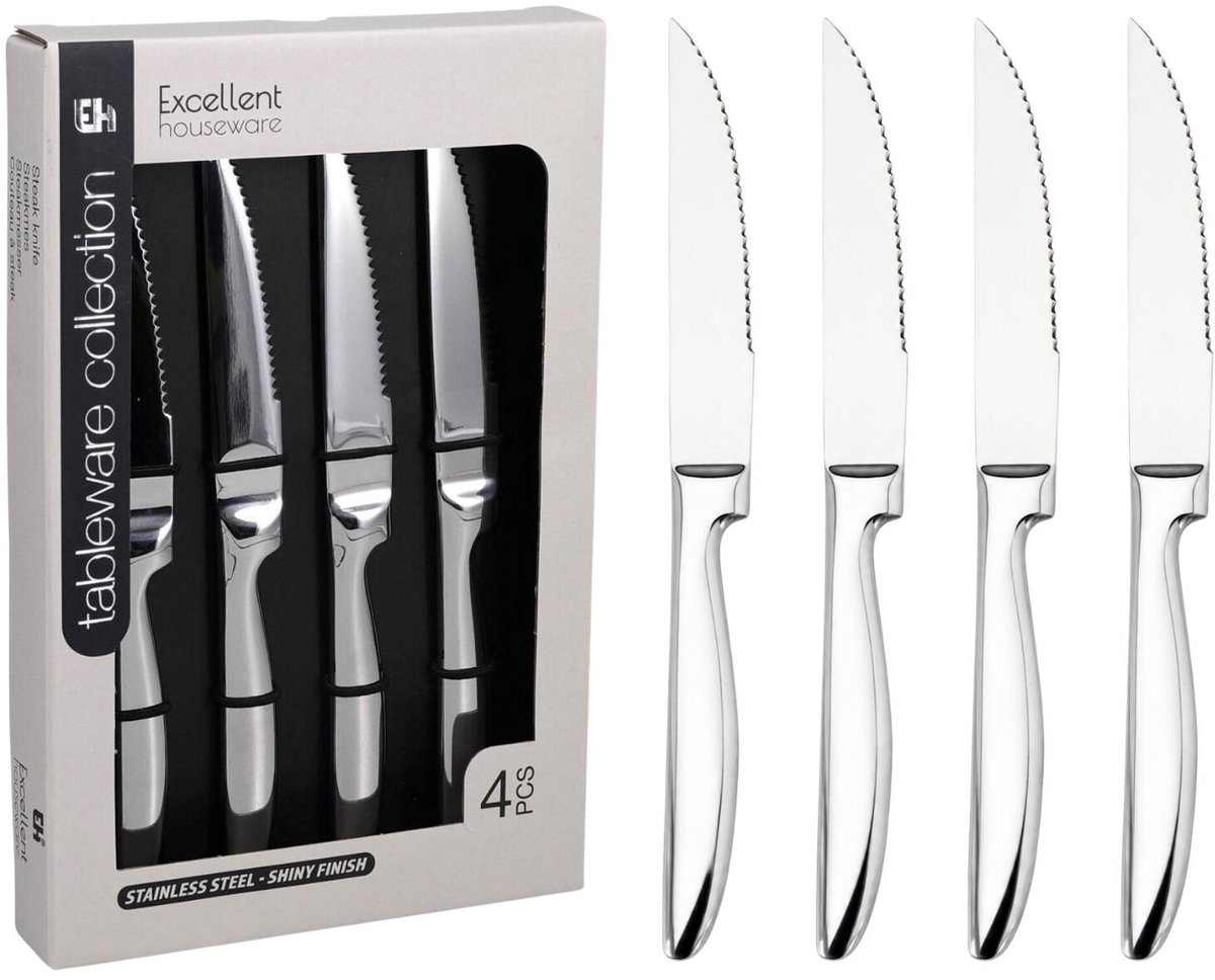 Excellent Houseware BBQ steakmessen set - 8x stuks - RVS - zilver - 22 cm - kartels - messenset - vleesmessen