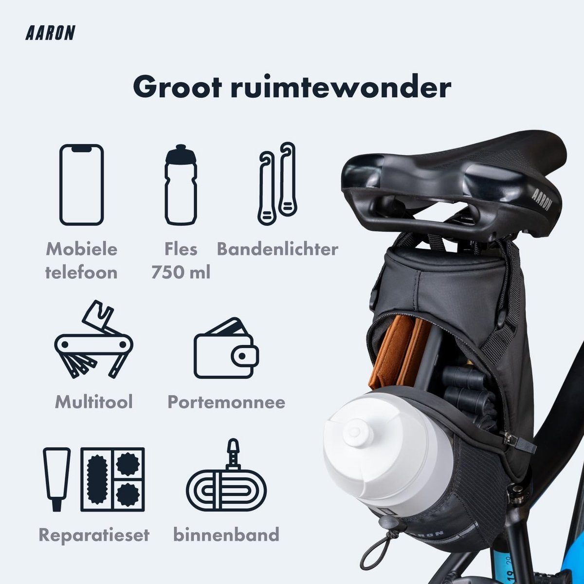SnelShoppen - AARON Fietszadeltas met Flessenhouder, Waterafstotende Fietstas met Reflector, Zadeltas voor E-bike, Racefiets en Trekkingfiets in Zwart