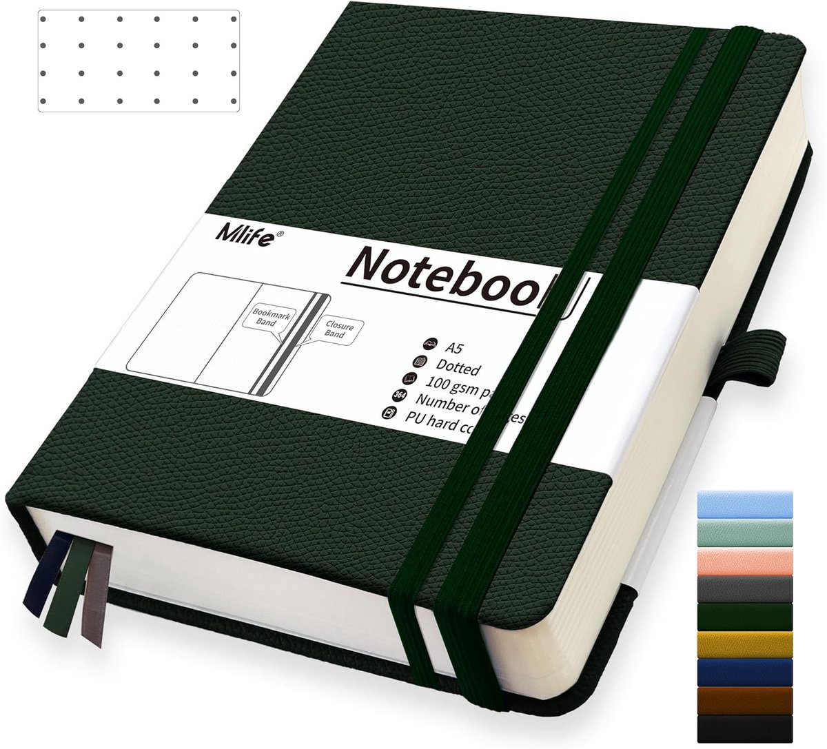 SnelShoppen - Dotted A5 Notitieboek met 360 Pagina's, 100g/m² Inkt Bestand Papier, Groen Notitieboek voor Kantoor, School, Thuis, Schrijven en Notitie
