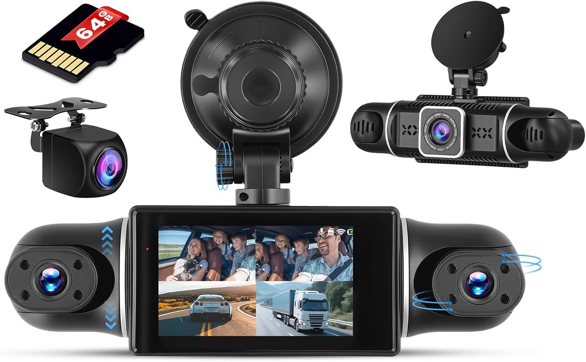 SnelShoppen - HD 1080P Auto Dashcam met 3-Inch Scherm, 4 Camera's, G-sensor, Bewegingsdetectie, 24-Uurs Rijopname, Parkeermodus en 64 GB SD-kaart