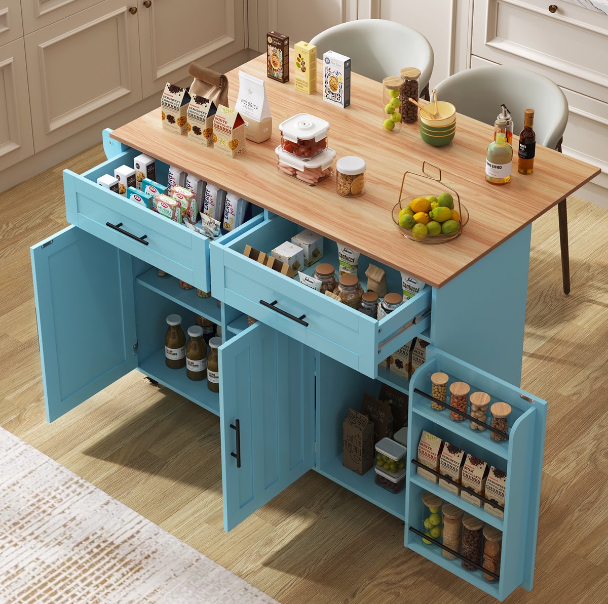 Wishdor - Keukenkast - Opklapbaar werkblad - 2 lades en verstelbare planken - Europees - keuken eiland en serveerwagen - houtlook - blauw - 129 x 46/71 x 91,5 cm