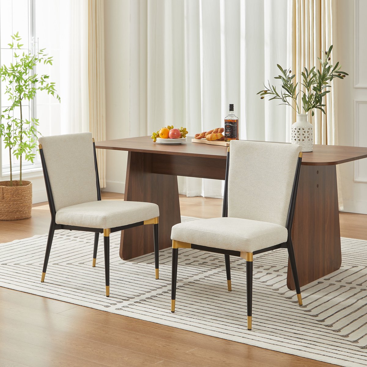 COVREO Eetkamerstoel set van 2 49 x 59 x 85 cm - stof, beige, zwart-gouden poten